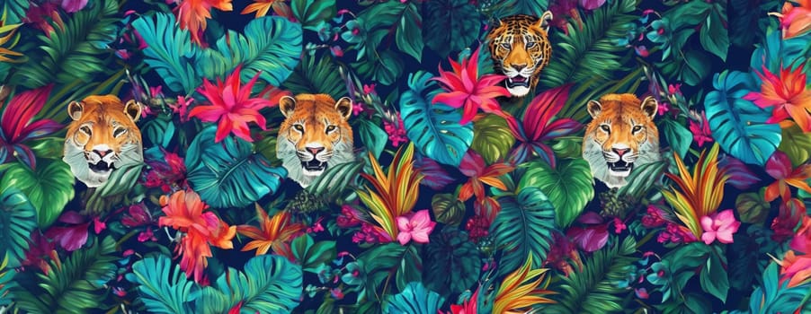 Tropical exotic pattern with animal and flowers in bright colors and lush vegetation. Ai Generative