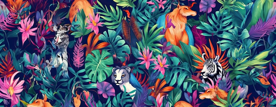 Tropical exotic pattern with animal and flowers in bright colors and lush vegetation. Ai Generative