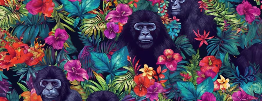 Tropical exotic pattern with animal and flowers in bright colors and lush vegetation. Ai Generative