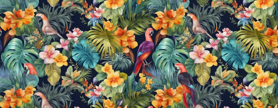 Tropical exotic pattern with animal and flowers in bright colors and lush vegetation. Ai Generative