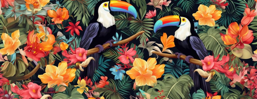 Tropical exotic pattern with animal and flowers in bright colors and lush vegetation. Ai Generative