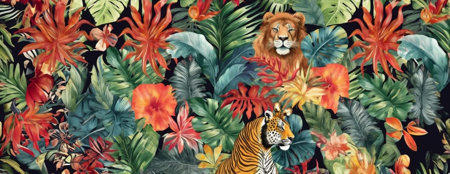 Tropical exotic pattern with animal and flowers in bright colors and lush vegetation. Ai Generative