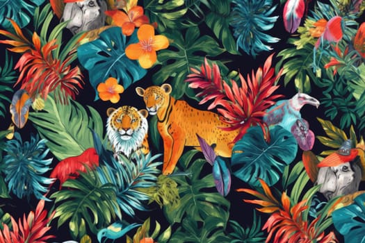 Tropical exotic pattern with animal and flowers in bright colors and lush vegetation. Ai Generative