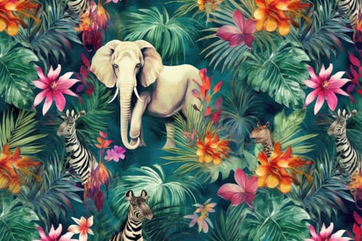 Tropical exotic pattern with animal and flowers in bright colors and lush vegetation. Ai Generative