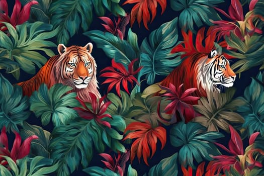 Tropical exotic pattern with animal and flowers in bright colors and lush vegetation. Ai Generative