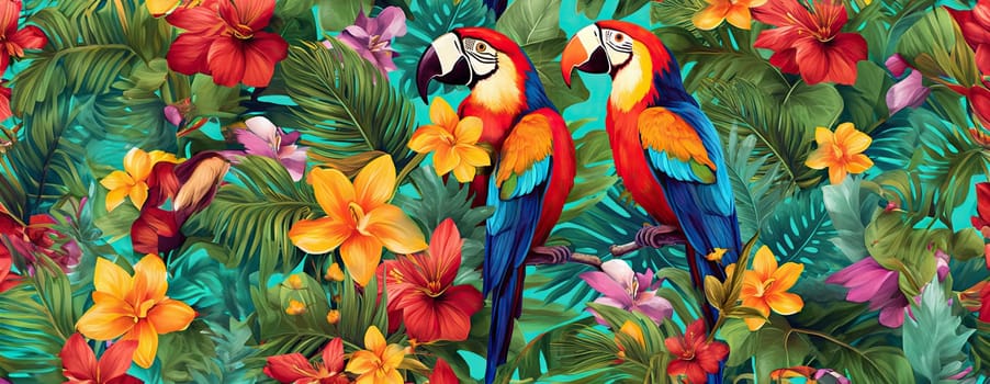 Tropical exotic pattern with animal and flowers in bright colors and lush vegetation. Ai Generative