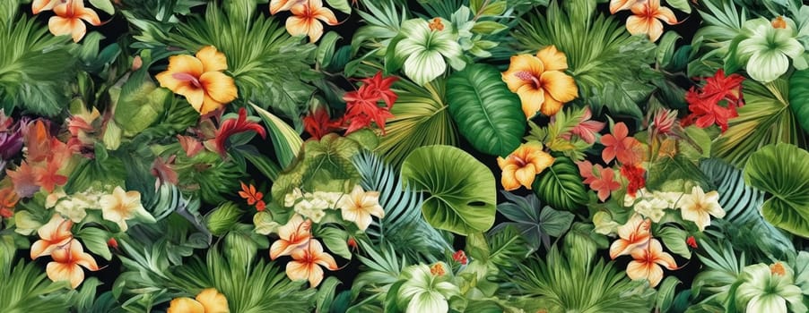 Tropical exotic pattern with animal and flowers in bright colors and lush vegetation. Ai Generative