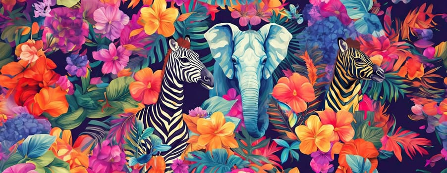 Tropical exotic pattern with animal and flowers in bright colors and lush vegetation. Ai Generative