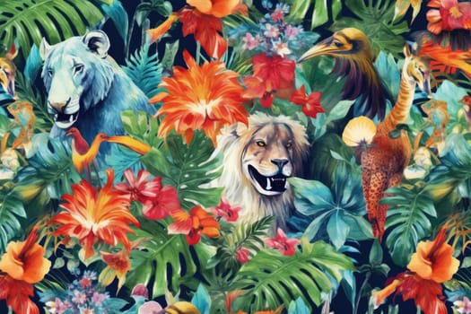 Tropical exotic pattern with animal and flowers in bright colors and lush vegetation. Ai Generative