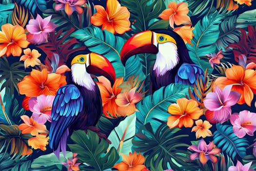 Tropical exotic pattern with animal and flowers in bright colors and lush vegetation. Ai Generative