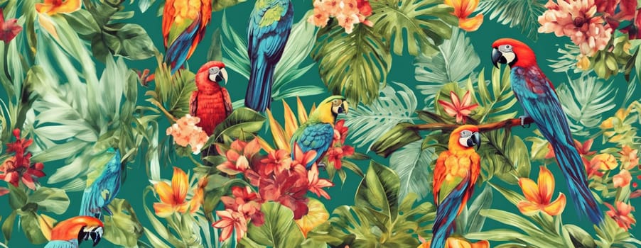 Tropical exotic pattern with animal and flowers in bright colors and lush vegetation. Ai Generative