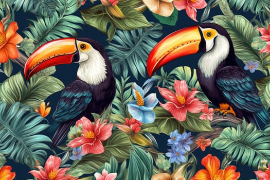 Tropical exotic pattern with animal and flowers in bright colors and lush vegetation. Ai Generative