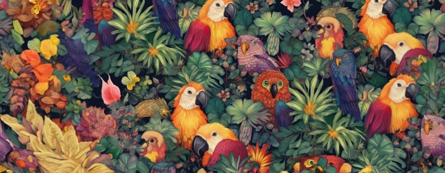 Tropical exotic pattern with animal and flowers in bright colors and lush vegetation. Ai Generative