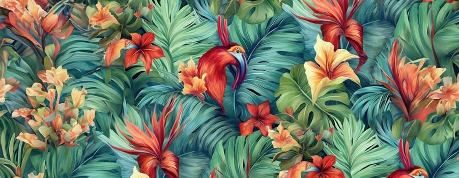 Tropical exotic pattern with animal and flowers in bright colors and lush vegetation. Ai Generative