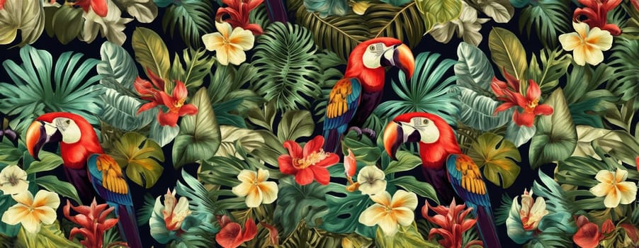 Tropical exotic pattern with animal and flowers in bright colors and lush vegetation. Ai Generative