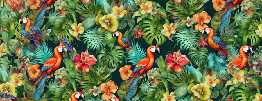 Tropical exotic pattern with animal and flowers in bright colors and lush vegetation. Ai Generative