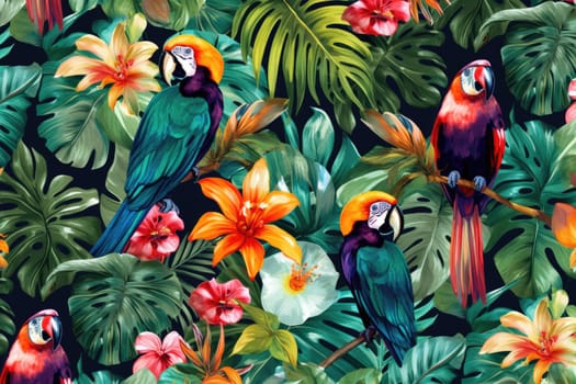 Tropical exotic pattern with animal and flowers in bright colors and lush vegetation. Ai Generative