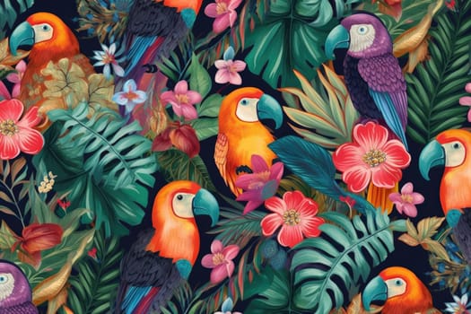 Tropical exotic pattern with animal and flowers in bright colors and lush vegetation. Ai Generative