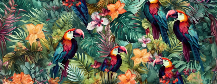 Tropical exotic pattern with animal and flowers in bright colors and lush vegetation. Ai Generative