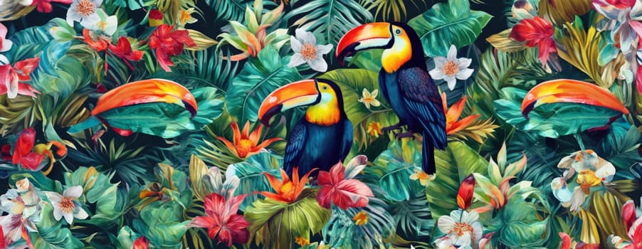 Tropical exotic pattern with animal and flowers in bright colors and lush vegetation. Ai Generative