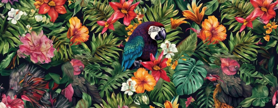 Tropical exotic pattern with animal and flowers in bright colors and lush vegetation. Ai Generative