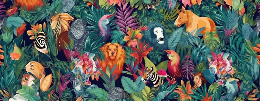 Tropical exotic pattern with animal and flowers in bright colors and lush vegetation. Ai Generative