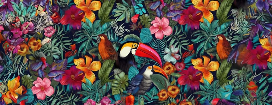 Tropical exotic pattern with animal and flowers in bright colors and lush vegetation. Ai Generative