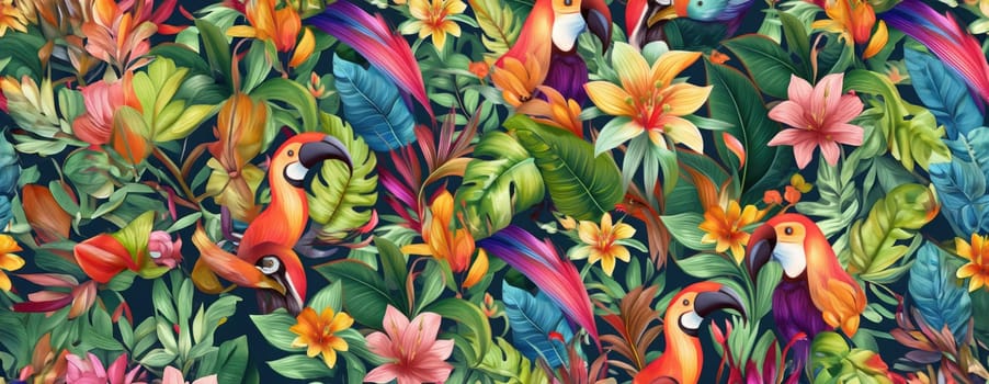 Tropical exotic pattern with animal and flowers in bright colors and lush vegetation. Ai Generative