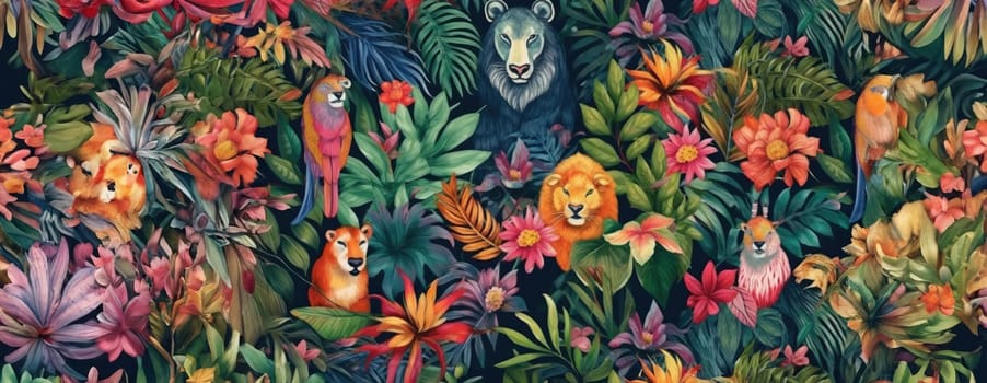 Tropical exotic pattern with animal and flowers in bright colors and lush vegetation. Ai Generative