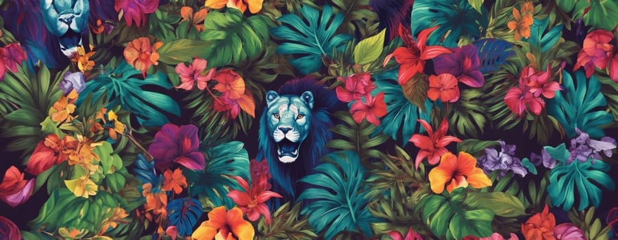 Tropical exotic pattern with animal and flowers in bright colors and lush vegetation. Ai Generative