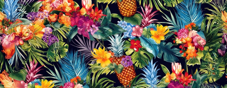 Tropical exotic pattern with animal and flowers in bright colors and lush vegetation. Ai Generative