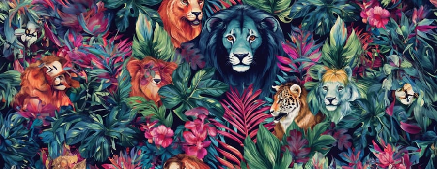 Tropical exotic pattern with animal and flowers in bright colors and lush vegetation. Ai Generative