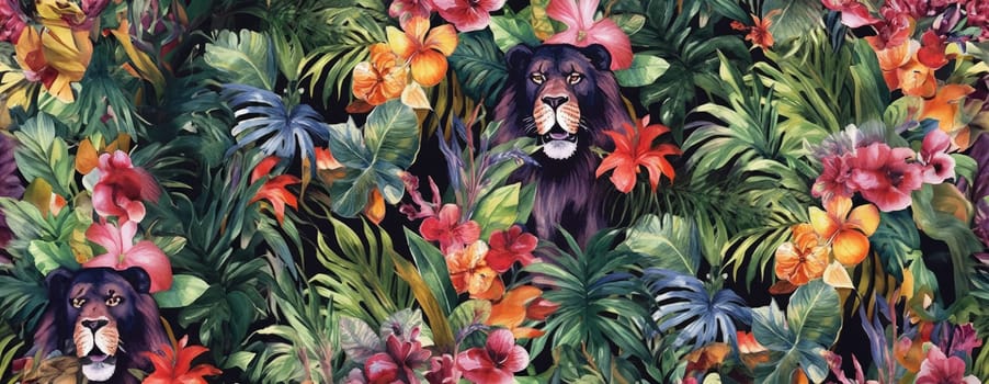 Tropical exotic pattern with animal and flowers in bright colors and lush vegetation. Ai Generative