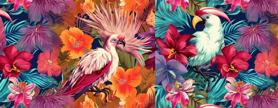 Tropical exotic pattern with animal and flowers in bright colors and lush vegetation. Ai Generative