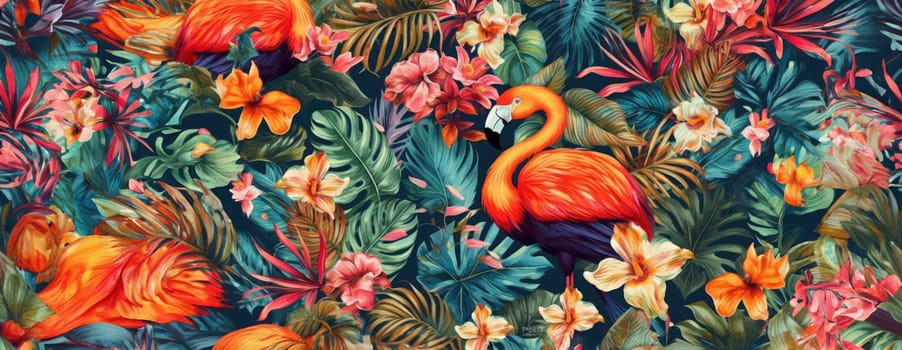 Tropical exotic pattern with animal and flowers in bright colors and lush vegetation. Ai Generative