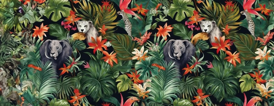 Tropical exotic pattern with animal and flowers in bright colors and lush vegetation. Ai Generative