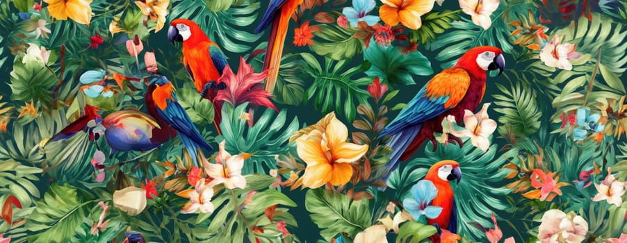 Tropical exotic pattern with animal and flowers in bright colors and lush vegetation. Ai Generative