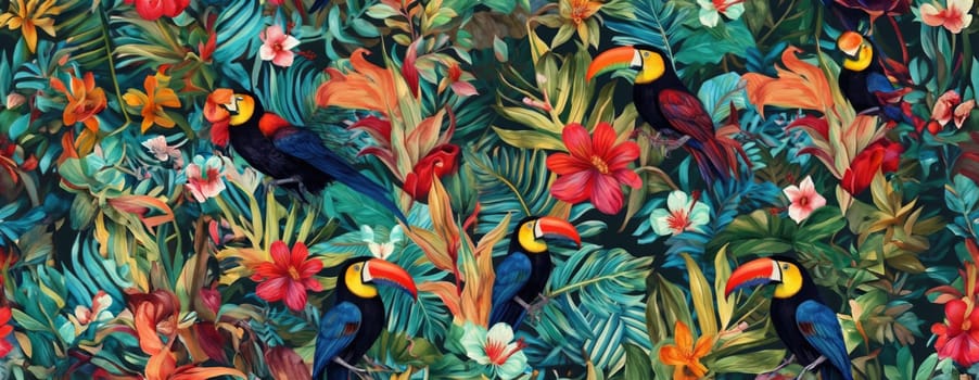 Tropical exotic pattern with animal and flowers in bright colors and lush vegetation. Ai Generative