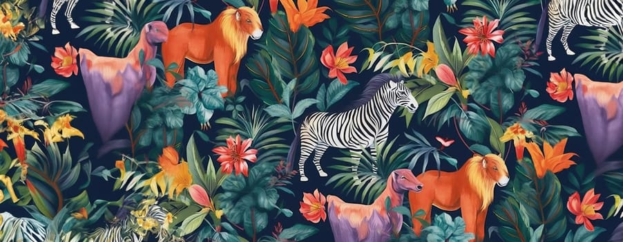 Tropical exotic pattern with animal and flowers in bright colors and lush vegetation. Ai Generative