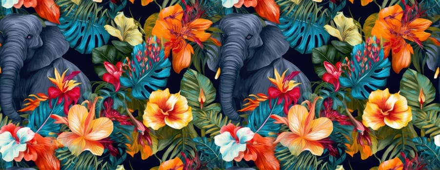 Tropical exotic pattern with animal and flowers in bright colors and lush vegetation. Ai Generative