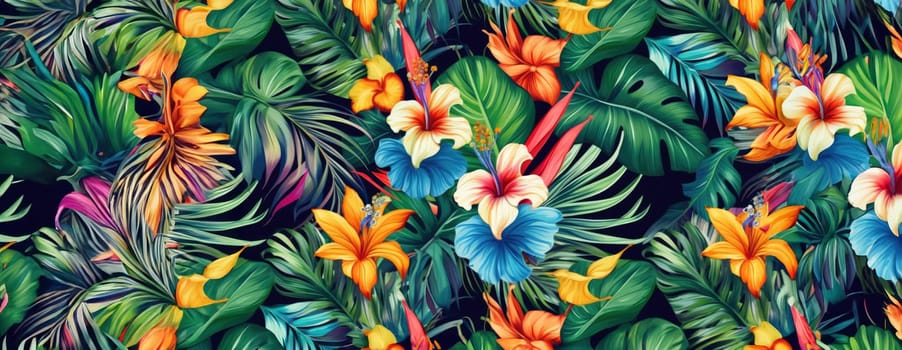 Tropical exotic pattern with animal and flowers in bright colors and lush vegetation. Ai Generative