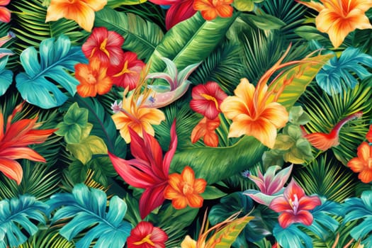 Tropical exotic pattern with animal and flowers in bright colors and lush vegetation. Ai Generative