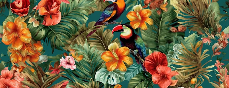 Tropical exotic pattern with animal and flowers in bright colors and lush vegetation. Ai Generative