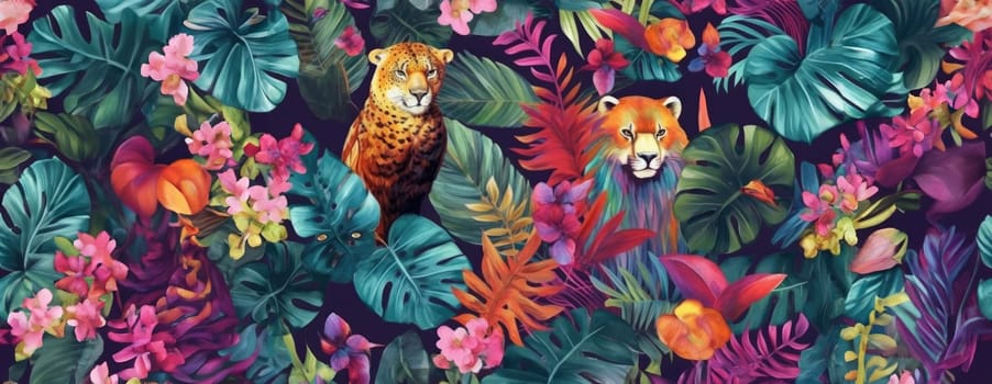 Tropical exotic pattern with animal and flowers in bright colors and lush vegetation. Ai Generative