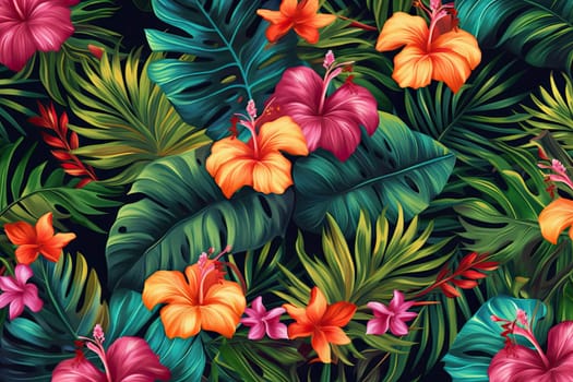 Tropical exotic pattern with animal and flowers in bright colors and lush vegetation. Ai Generative