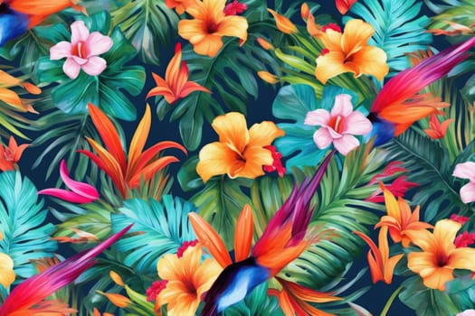 Tropical exotic pattern with animal and flowers in bright colors and lush vegetation. Ai Generative