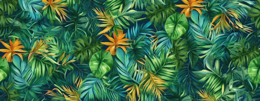 Tropical exotic pattern with animal and flowers in bright colors and lush vegetation. Ai Generative