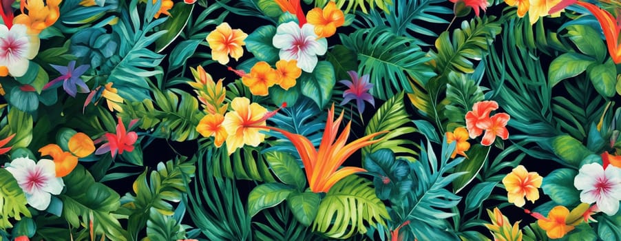 Tropical exotic pattern with animal and flowers in bright colors and lush vegetation. Ai Generative