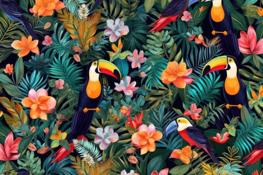 Tropical exotic pattern with animal and flowers in bright colors and lush vegetation. Ai Generative