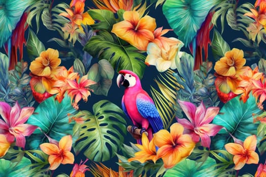 Tropical exotic pattern with animal and flowers in bright colors and lush vegetation. Ai Generative